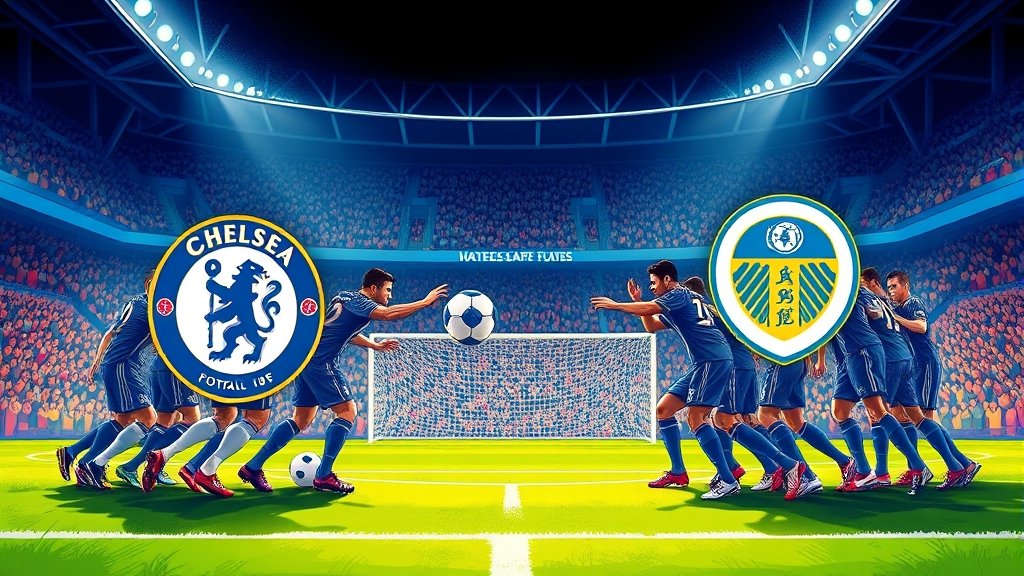 A dramatic illustration of the Chelsea and Leeds United football teams facing off on the pitch, with the stadium filled with excited fans in the background.