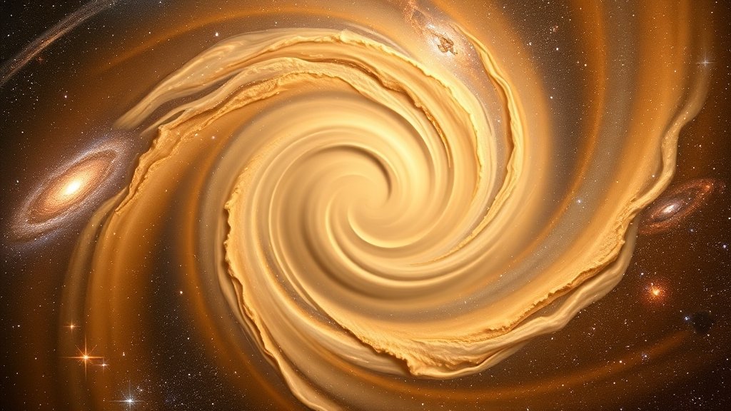 A swirling image of the universe with a warm, beige-like color, representing the Cosmic Latte, with stars, galaxies, and other celestial objects in the background.