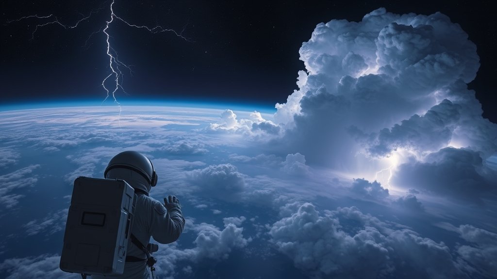 An astronaut in space looking at the Earth with a massive lightning storm in the background, with a mix of clouds and lightning illuminating the dark sky