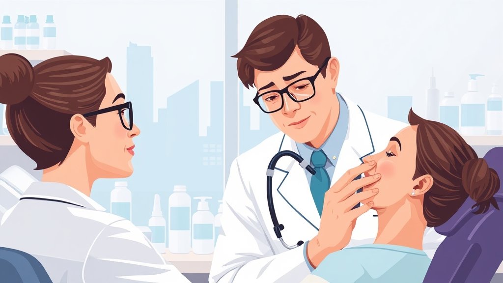 A realistic illustration of a dermatologist examining a patient's skin, with a background of various acne treatment products and a subtle hint of a cityscape outside the clinic window.