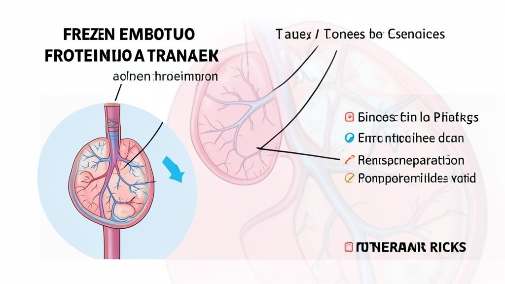 A medical illustration showing the process of frozen embryo transfer, with a subtle background hinting at the potential risks and complications, including hypertension, during pregnancy.