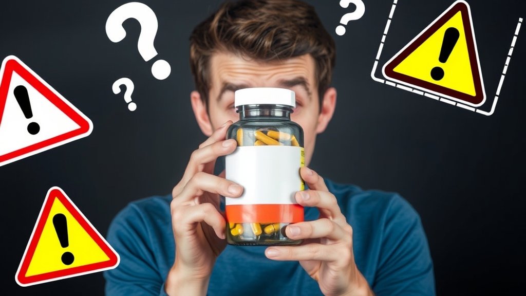 An image of a person holding a bottle of supplements with a confused expression, surrounded by question marks and warning signs.
