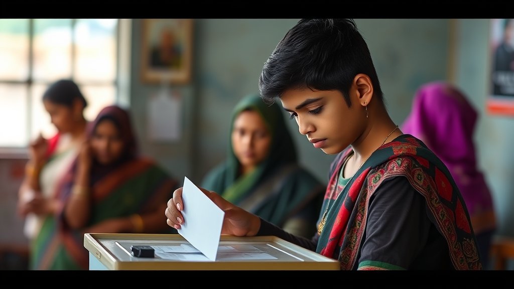 A photograph of a young Bangladeshi voter casting their ballot, with a mix of traditional and modern elements in the background, symbolizing the country's transition towards a new era of politics.