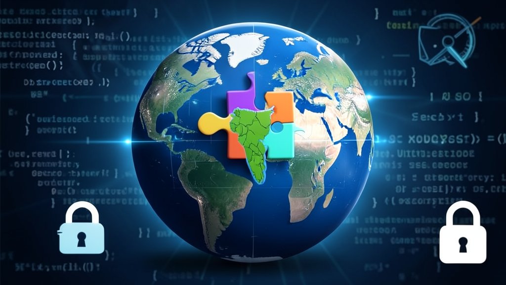 An image of a globe with a puzzle piece representing India and the United States, with a background of coding symbols and a lock icon to represent data security.