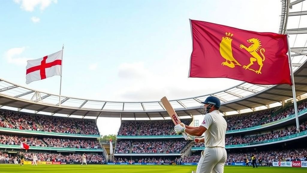 A cricket stadium with a full crowd, with the flags of England and West Indies waving, and a cricket player in the foreground with a bat and ball.