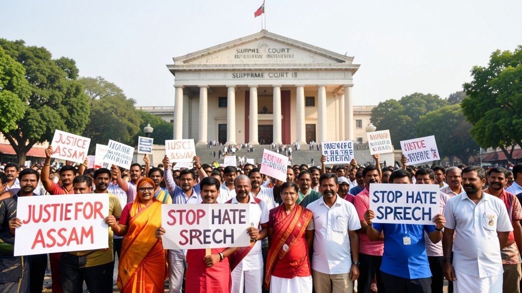 A photo of the Supreme Court of India with a crowd of people protesting in the background, holding signs that read "Justice for Assam" and "Stop Hate Speech"