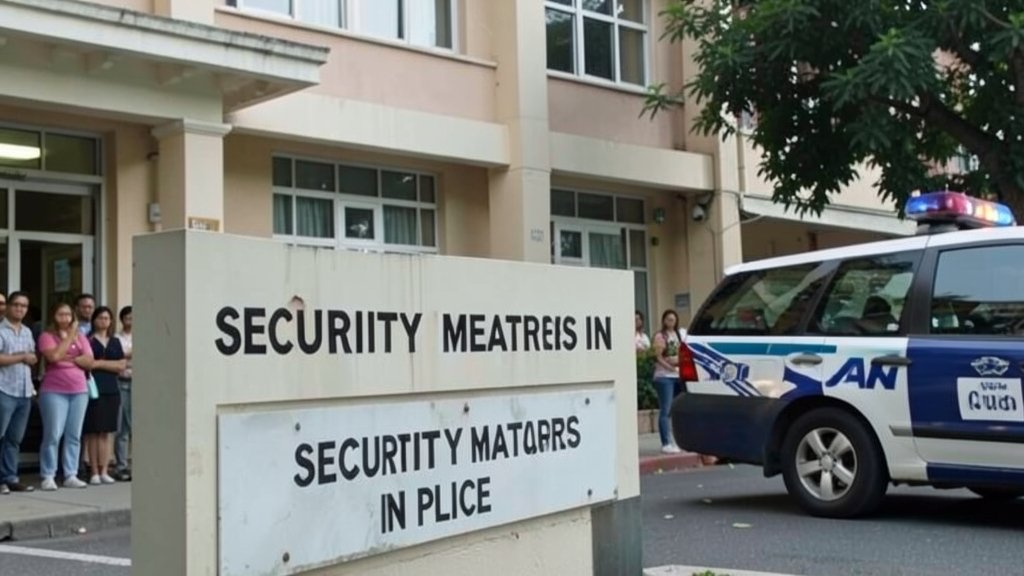 a photo of a school building with a sign that reads "security measures in place" and a police car parked outside, with a subtle background of concerned parents and students