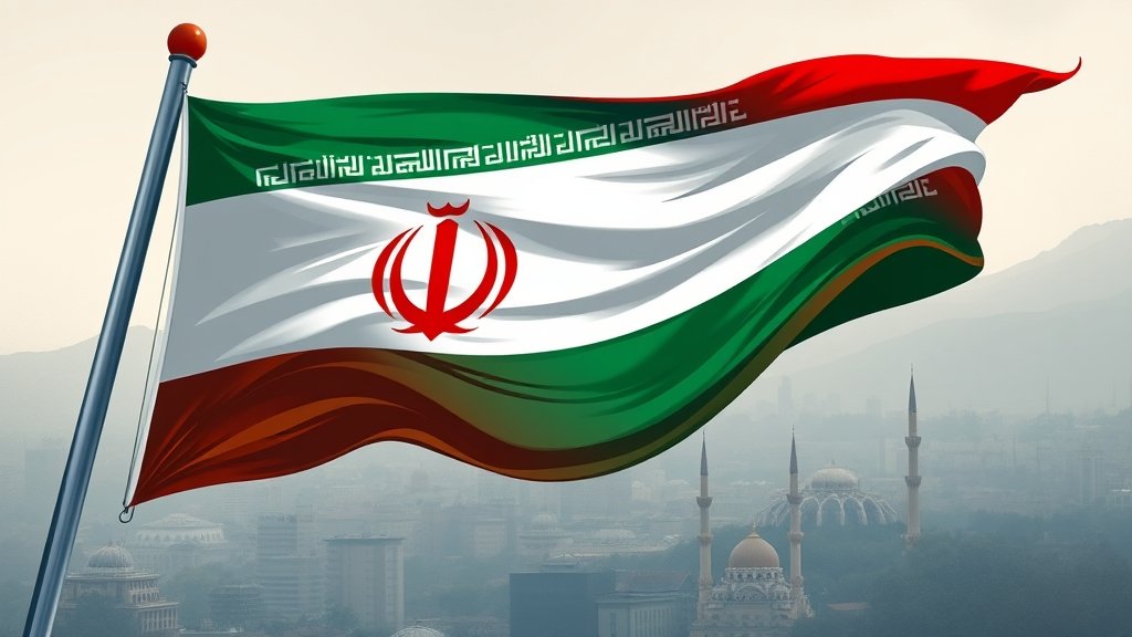 A dramatic illustration of the Iranian flag waving in the wind, with a subtle background of Tehran's cityscape, symbolizing the country's resilience and defiance in the face of international pressure.