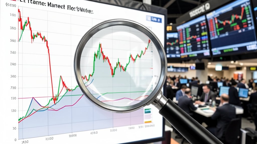 A graph showing the stock market trends with a magnifying glass focusing on a specific stock, with a background of a bustling stock exchange floor.