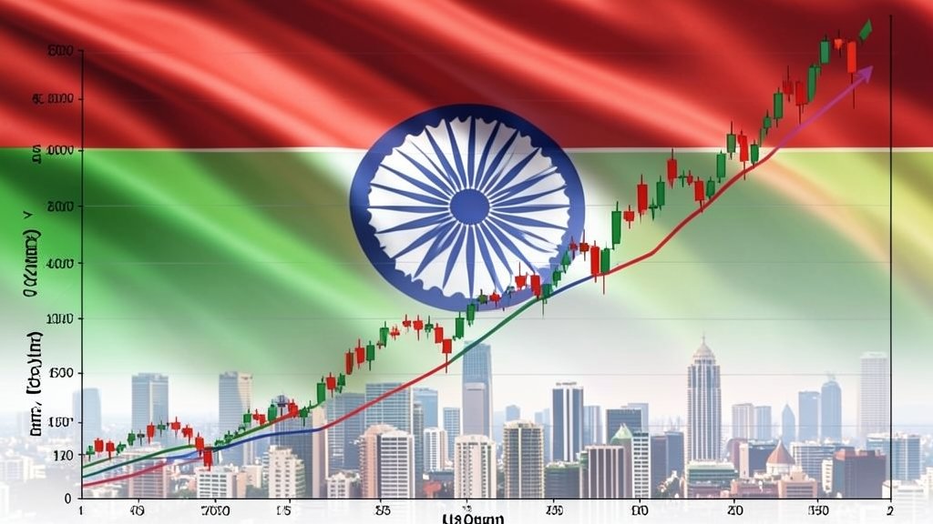 A graph showing the growth of the Indian stock market with a background of the Indian flag and a cityscape