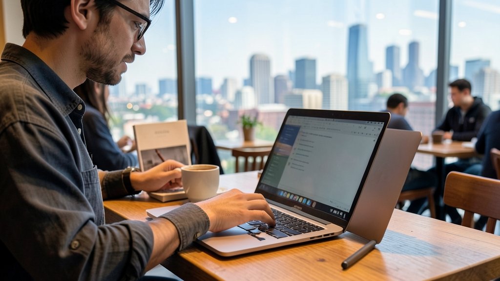 A high-quality image of a person using a budget MacBook laptop in a coffee shop, with a cityscape in the background, symbolizing the intersection of technology and everyday life.