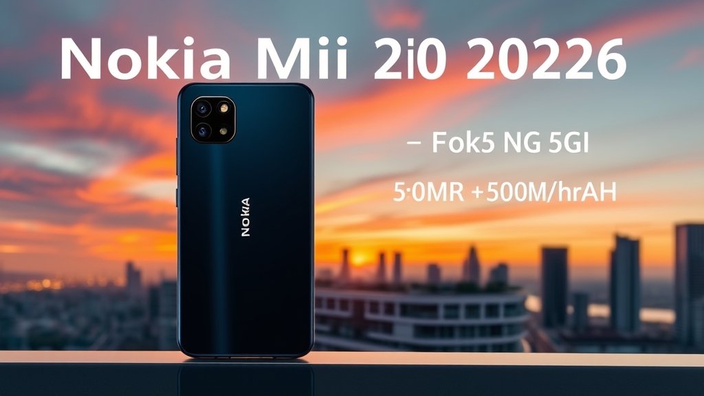 A high-quality image of the Nokia Mini 2026 5G smartphone with a 50MP camera and 6500mAh battery, displayed on a modern background with a cityscape at sunset.