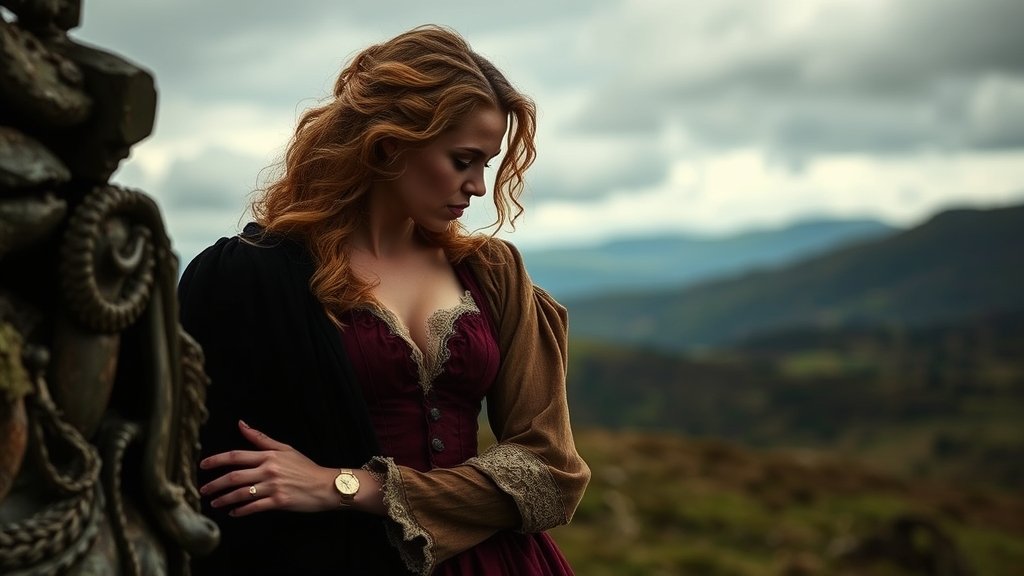 A dramatic scene from the movie Wuthering Heights with Margot Robbie and Jacob Elordi, set against a backdrop of the Yorkshire moors.