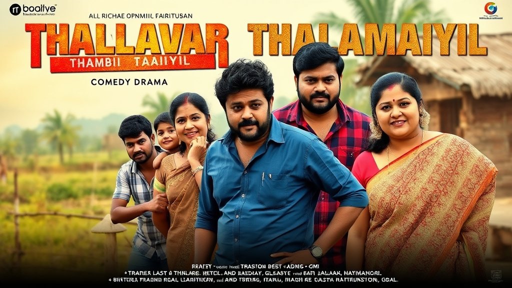 A movie poster with the title Thalaivar Thambi Thalaimaiyil and the main cast, including Jiiva, in a rural setting with a comedy-drama tone.