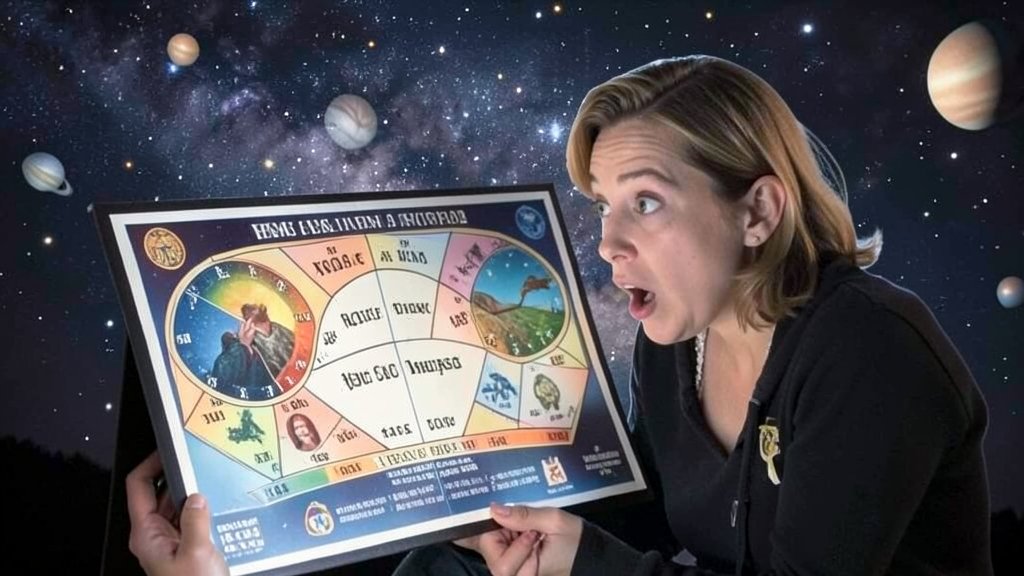 An image of a person looking at a horoscope chart with a surprised expression, with a subtle background of stars and planets.