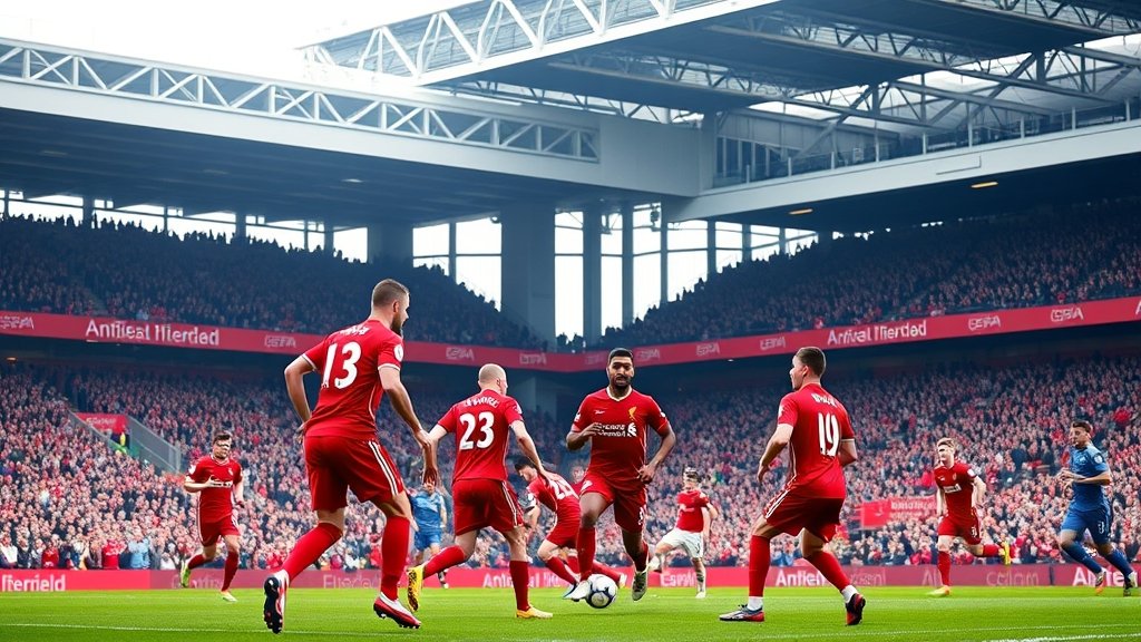 A photo of Liverpool's football team playing a match at Anfield Stadium with a big crowd in the background
