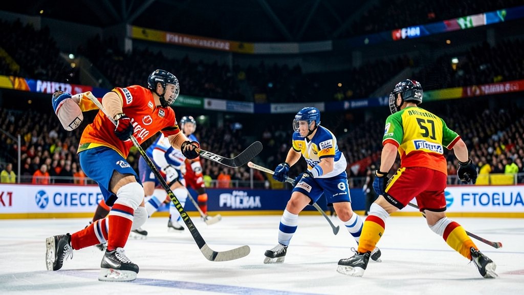 A dramatic scene of an India vs Belgium hockey match in the FIH Pro League, with players in action and a packed stadium in the background