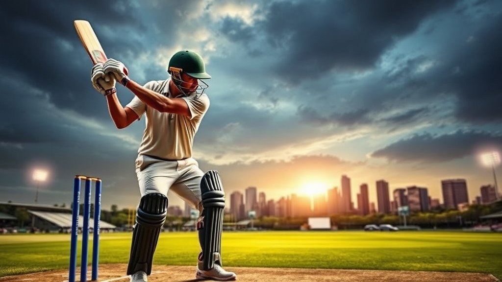 A dramatic image of a cricket player batting with a cityscape in the background, symbolizing the highs and lows of the game.
