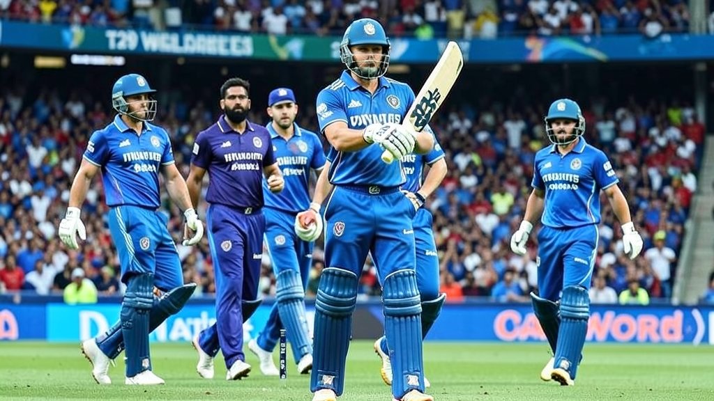 a photo of the Indian cricket team in action during a T20 World Cup match, with a focus on the batsmen and the crowd in the background