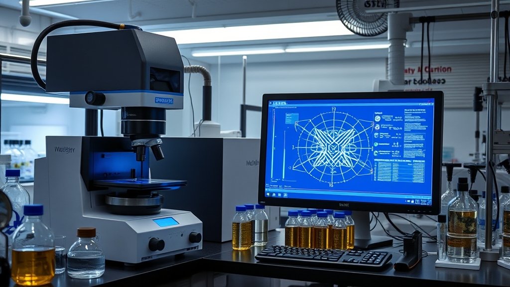A futuristic laboratory setup with spectrophotometry equipment and a computer screen displaying machine learning algorithms, surrounded by water samples and experimental equipment.