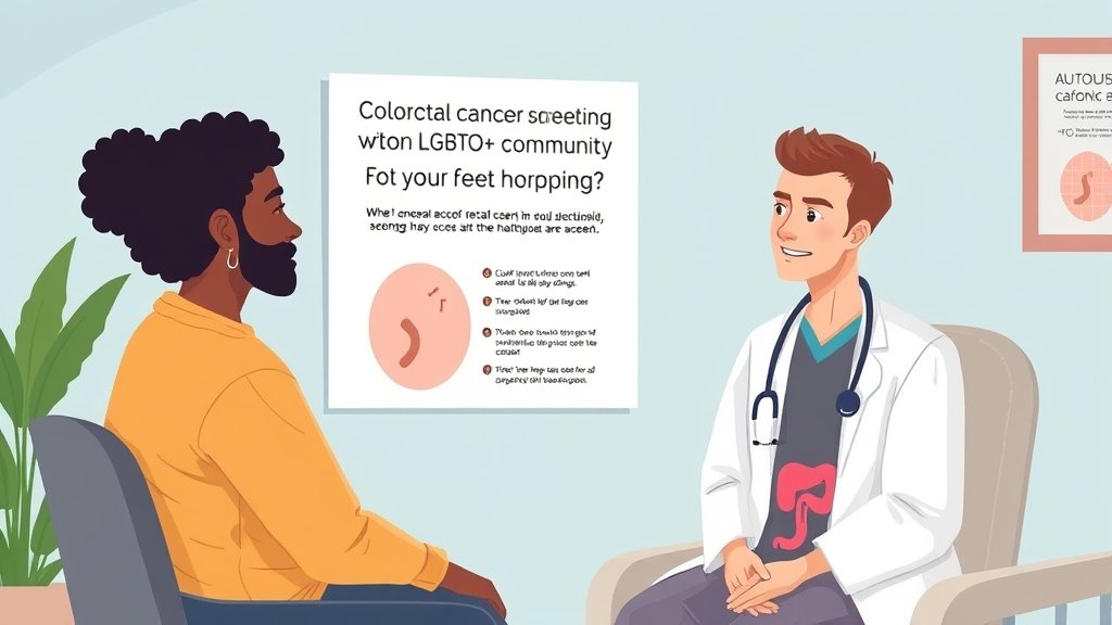 A sensitive and inclusive illustration depicting a healthcare provider discussing colorectal cancer screening options with a patient from the LGBTQ+ community, highlighting the importance of equitable healthcare access.