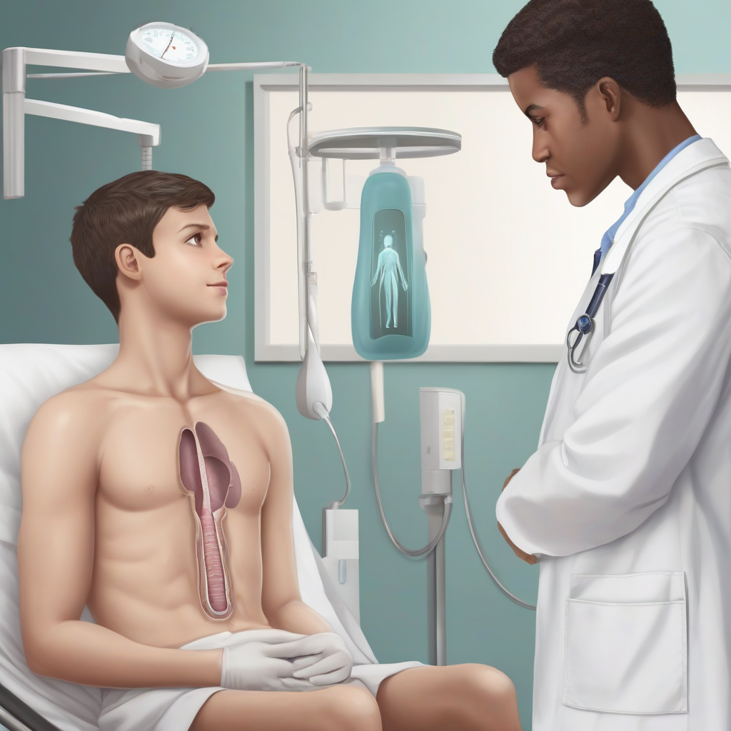 A medical illustration of the male reproductive system showing a varicocele, with a subtle background image of a teenage boy in a hospital setting, conveying a sense of concern and medical attention