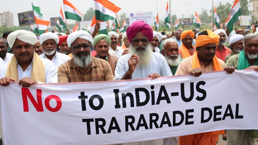 A photograph of Indian farmers protesting against the India-US trade deal, with a banner reading "No to India-US Trade Deal" in the foreground.