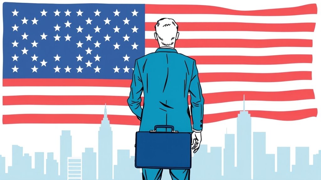 A professional illustration showing a person holding a briefcase and standing in front of a US flag, with a subtle background of a cityscape, conveying the idea of work visas and immigration.