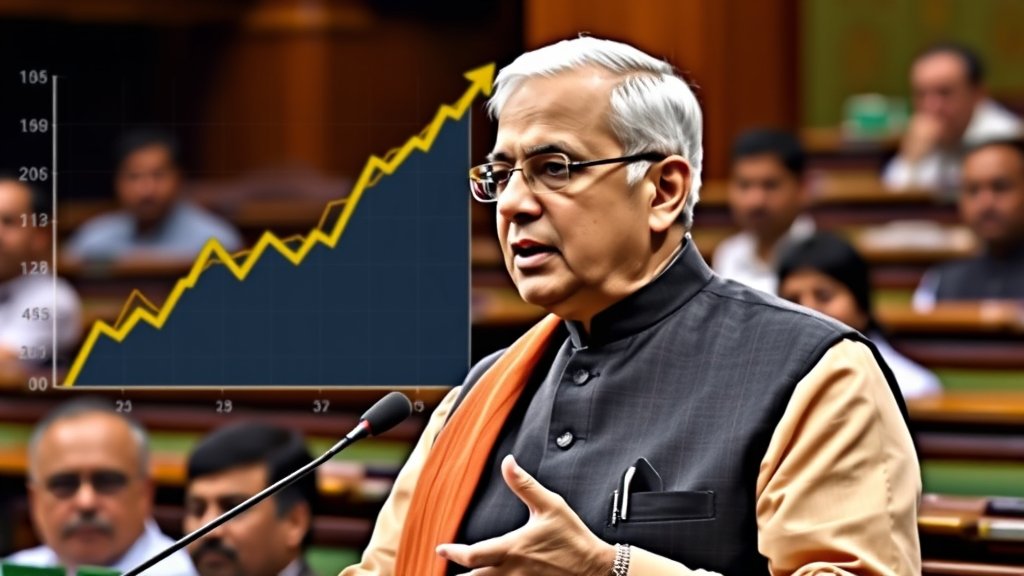 A picture of the Finance Minister of India speaking in the Parliament with a graph of the country's economic growth in the background