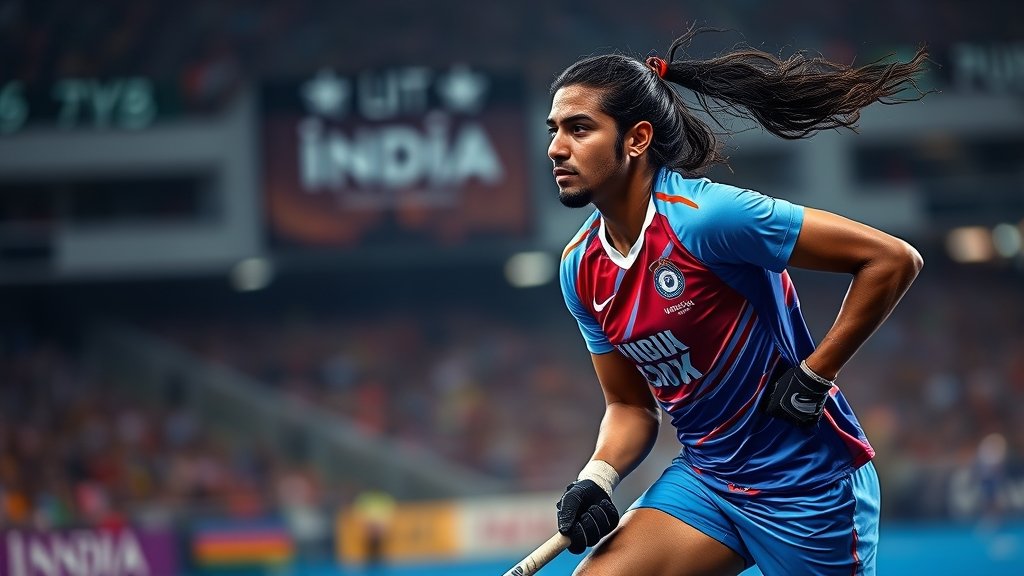 A dramatic image of an Indian hockey player in action, with a blurred background of a stadium and a scoreboard showing India's score against a strong opponent like Argentina or Belgium.