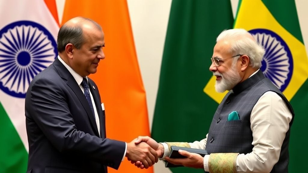 A photo of the Brazilian President and the Indian Prime Minister shaking hands, with a backdrop of the Indian and Brazilian flags, symbolizing the strengthening of bilateral relations between the two countries.