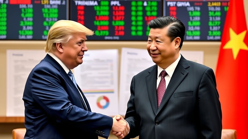 A picture of Trump and Xi Jinping shaking hands in a formal setting, with a background of stock market screens and trade agreement documents.