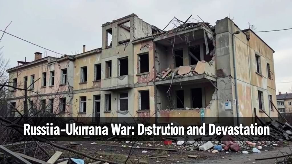 A photo of a damaged building in Kyiv, Ukraine, with a caption "Russia-Ukraine War: Destruction and Devastation"