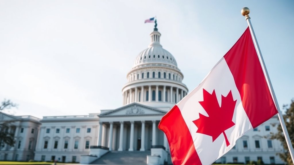 a photo of the US Congress building with a Canadian flag in the foreground, symbolizing the trade relationship between the two countries