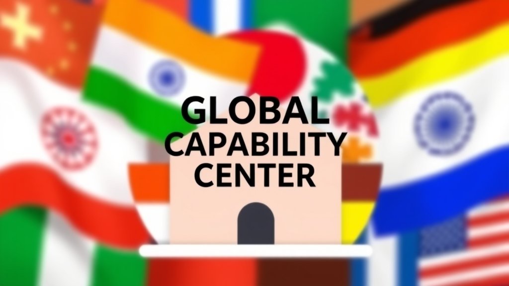 A graphic representation of a global capability center with a mix of Indian and international flags, symbolizing the global nature of these centers, with a subtle hint of job cuts or restructuring in the background.