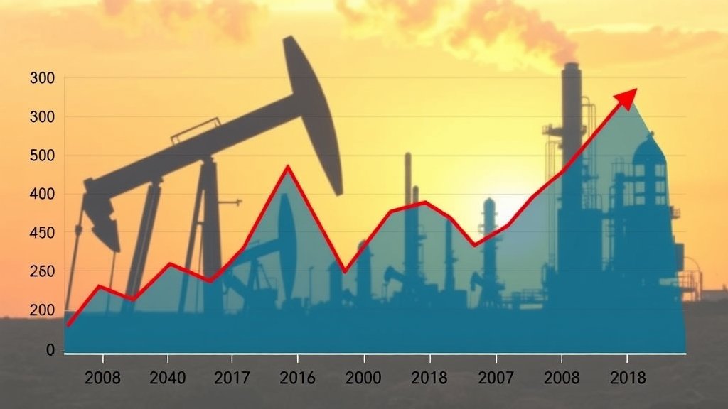 a graph showing the fluctuation of oil prices over the past year with a background image of an oil refinery