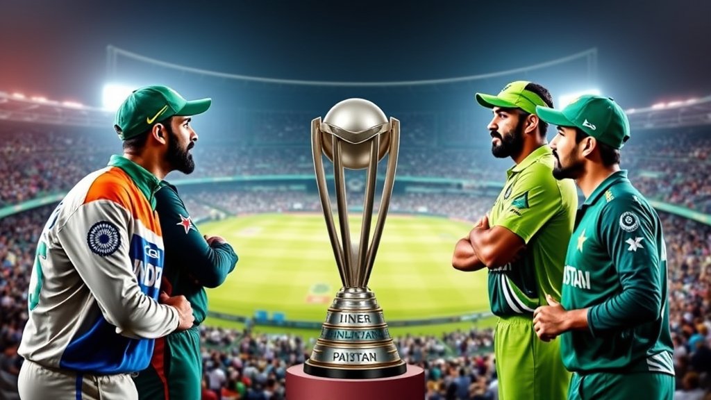 A high-energy image of the Indian and Pakistani cricket teams facing off in a packed stadium, with the T20 World Cup trophy in the center.