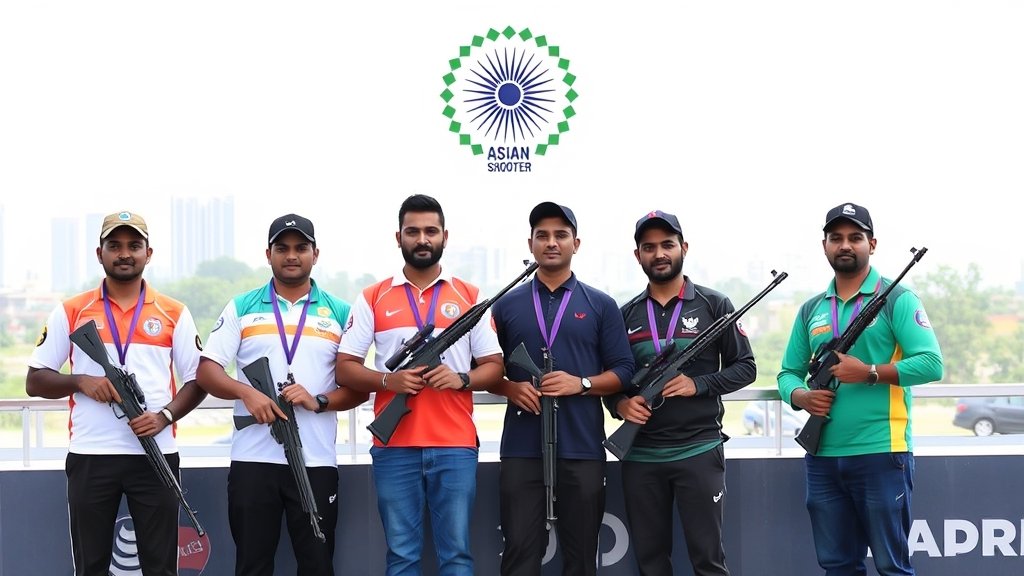 A group of Indian shooters standing together, holding their rifles and pistols, with a backdrop of the Asian Championship logo and a cityscape, conveying a sense of pride and achievement