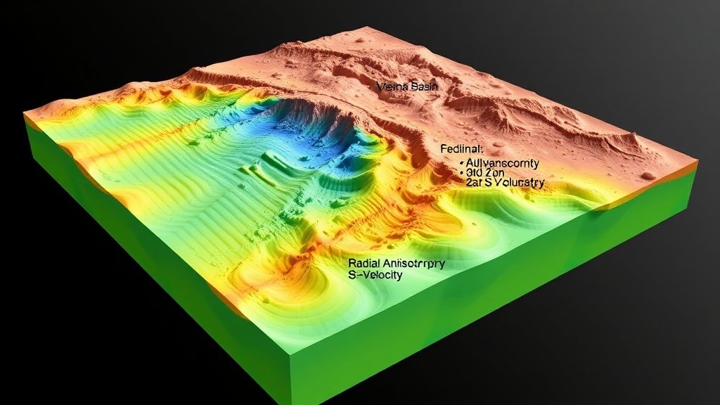 A 3D visualization of the Vienna Basin with seismic waves propagating through the Earth's crust, highlighting areas of radial anisotropy and varying S-velocity.