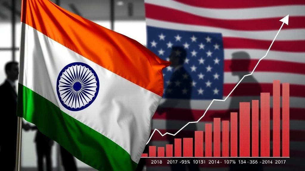 A photo of the Indian and American flags together, with a background of businessmen shaking hands or a graph showing increasing trade between the two countries.