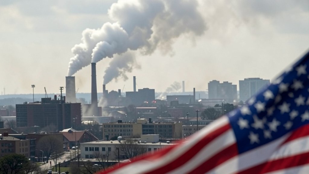 A photo of a polluted cityscape with a factory emitting smoke in the background, with a subtle image of the American flag in the foreground