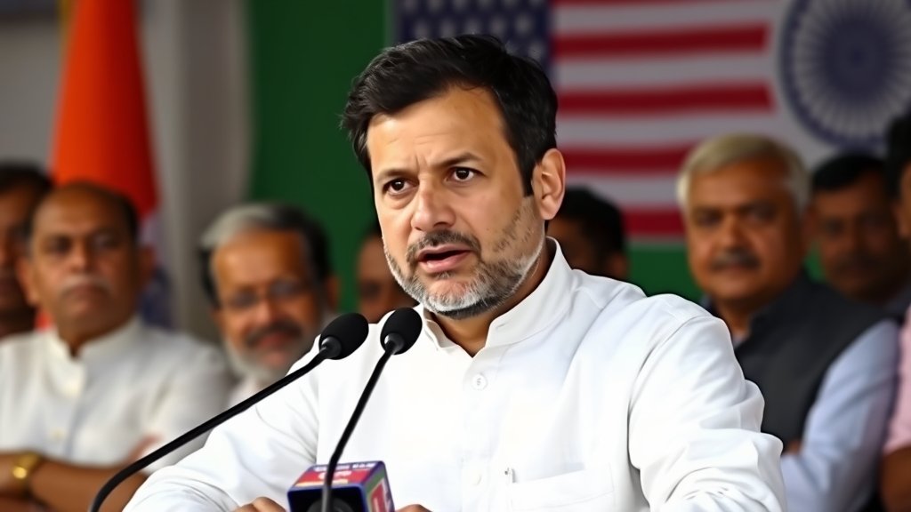 A photo of Rahul Gandhi addressing a press conference with farmers' union leaders in the background, with a subtle image of the Indian flag and a faint image of the US flag in the distance, symbolizing the India-US trade deal.