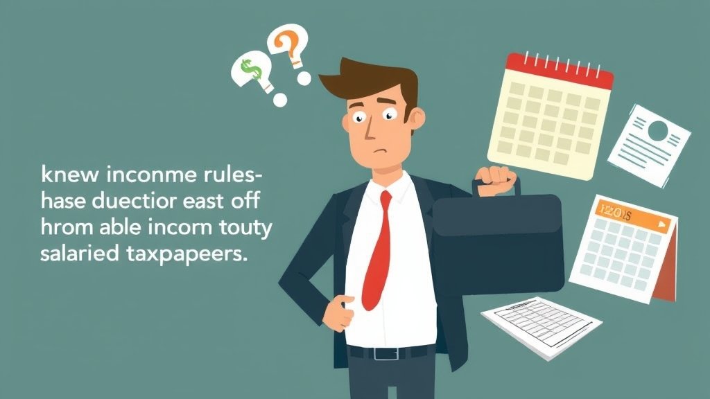 A graphic illustration showing a person holding a briefcase with a puzzled expression, surrounded by financial documents and a calendar, highlighting the impact of new income-tax rules on high-income salaried taxpayers