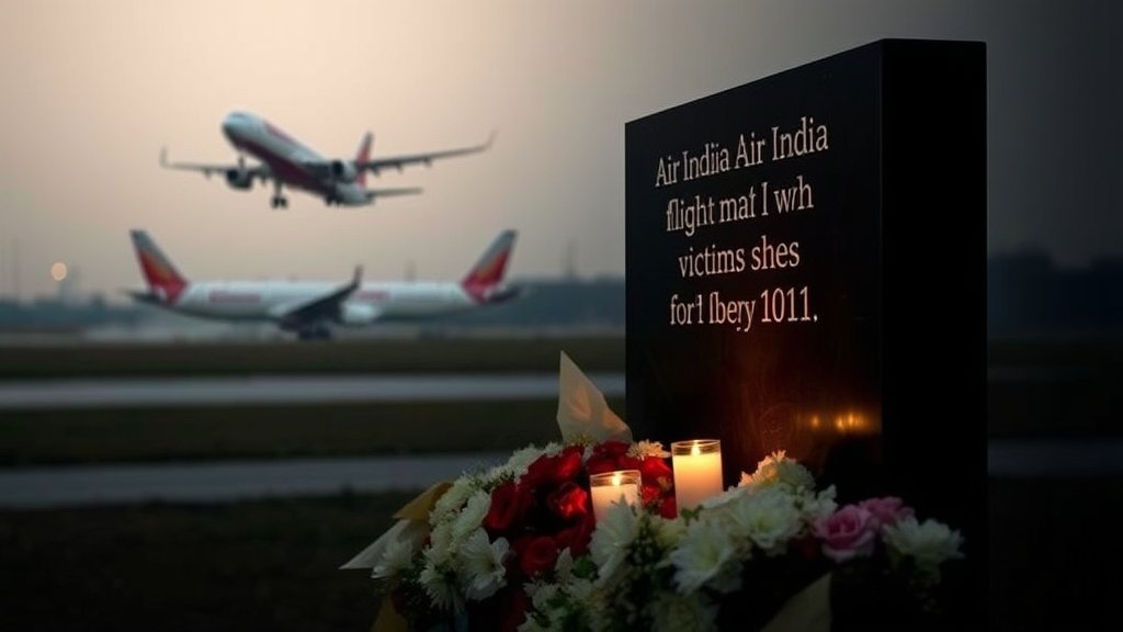 A somber image of a memorial for the victims of the Air India flight 171 crash, with a subtle background of a plane taking off or landing, symbolizing the contrast between life and death, and the legal and emotional aftermath of such a tragedy.