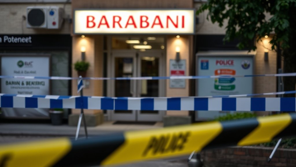 A photograph of a police barricade in front of a building with a sign that reads "Barabanki" in the background, with a subtle hint of a crime scene in the foreground