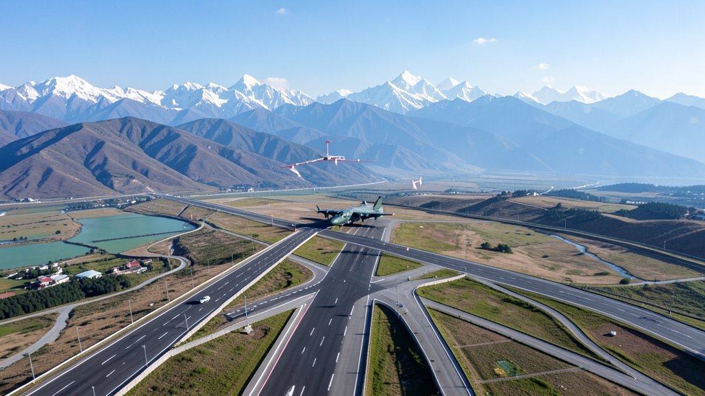 Aerial view of a highway being used as a runway for military aircraft, with a backdrop of the Himalayas and the India-China border in the distance.