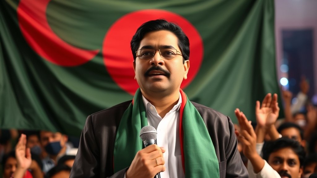 A photo of Tarique Rahman, the potential Prime Minister of Bangladesh, with a background of the Bangladeshi flag and a crowd of people celebrating the election results