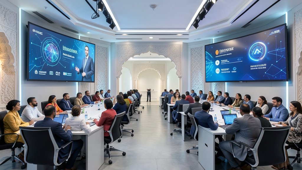 A high-quality image of a futuristic conference hall with attendees from diverse countries, surrounded by screens displaying AI-related graphics and logos, with a subtle Indian architectural background.