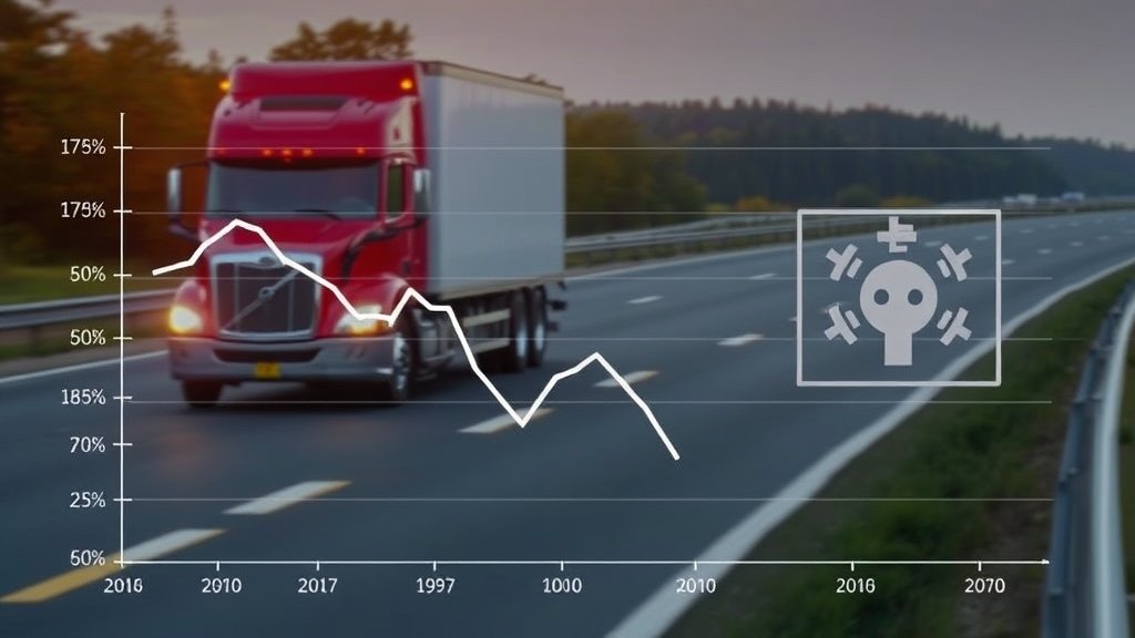 A graph showing the decline in trucking stocks with a background of a truck driving on a highway, with a faint image of a robot or AI symbol in the corner