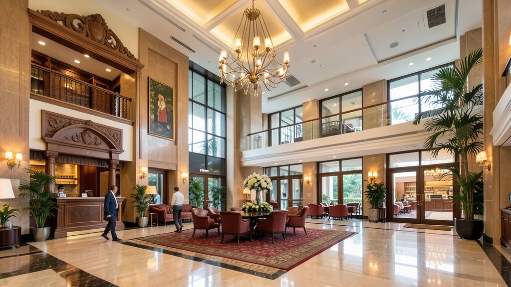 A photo of a luxurious hotel lobby with a mix of traditional and modern architecture, symbolizing the growth and potential of the Indian hospitality industry.